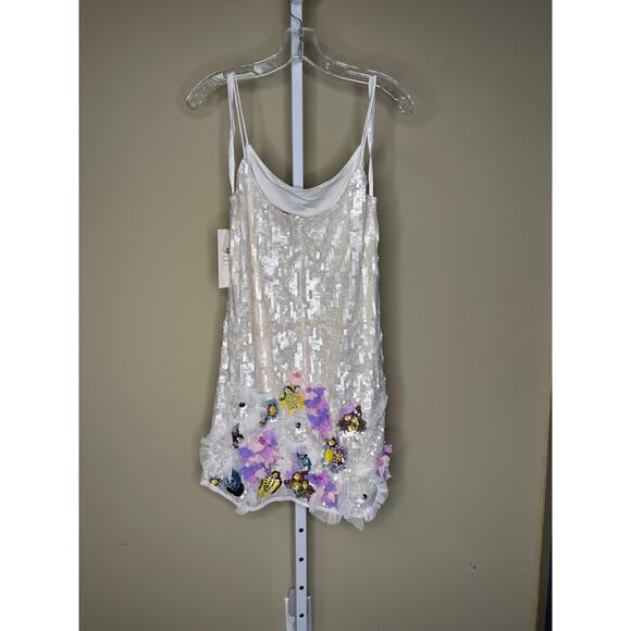 Mac Duggal NWT Sequin Mixed Media Floral Embellished Mini Dress in White Size 8 - Picture 5 of 8